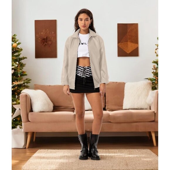 Women's Beige Oversized Faux Leather Fashion Zip Up Motorcycle Loose Fit Jacket - Picture 6 of 7